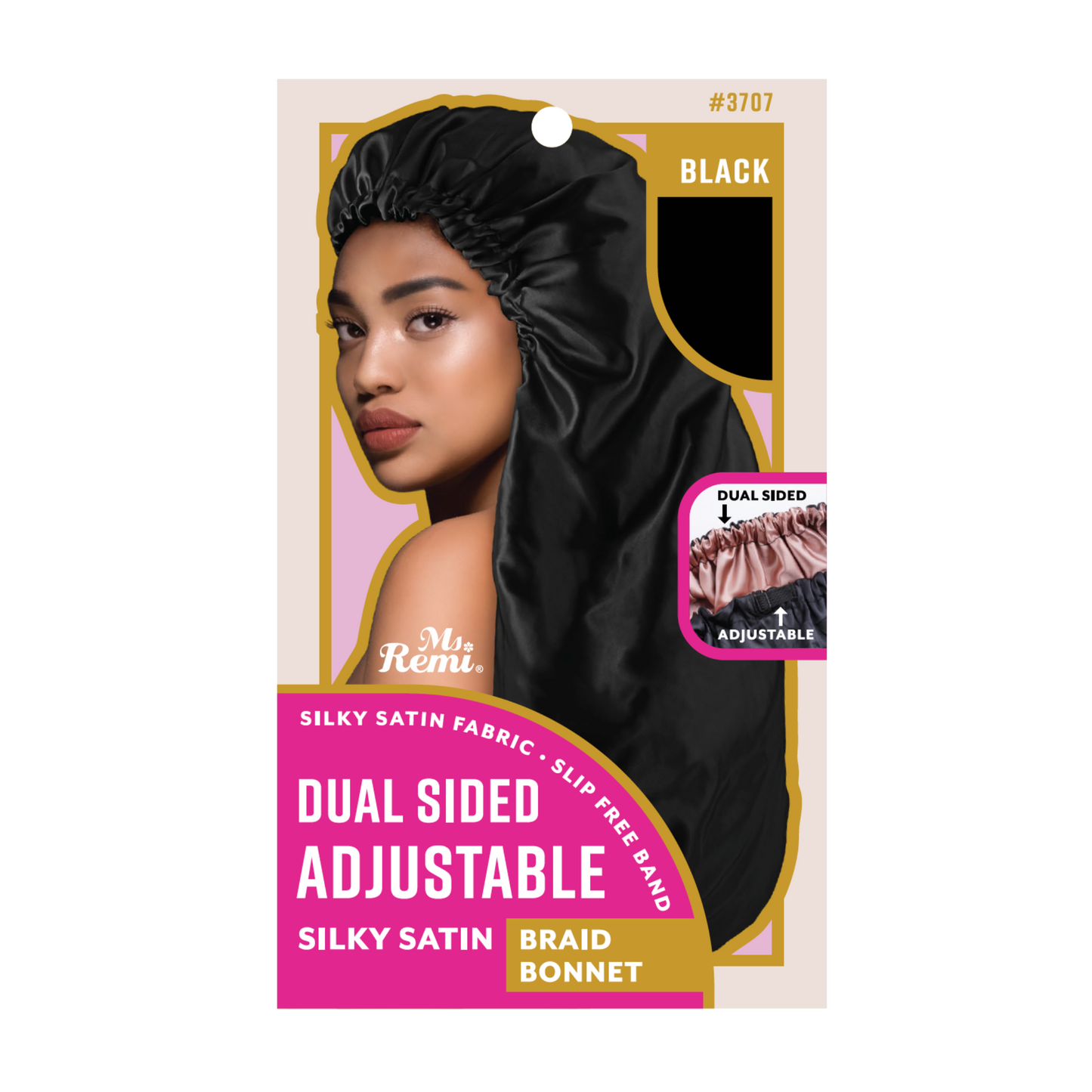Ms. Remi Adjustable Dual-Sided Silky Satin Bonnet Braid in Black for secure, breathable nighttime hair protection.