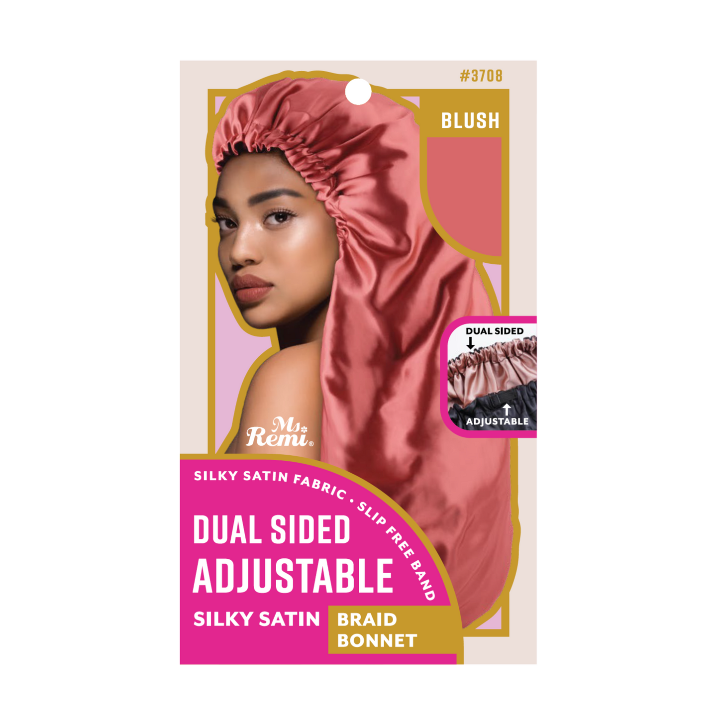 Ms. Remi Adjustable Dual-Sided Silky Satin Bonnet Braid in blush, breathable fabric with adjustable strap for secure fit.