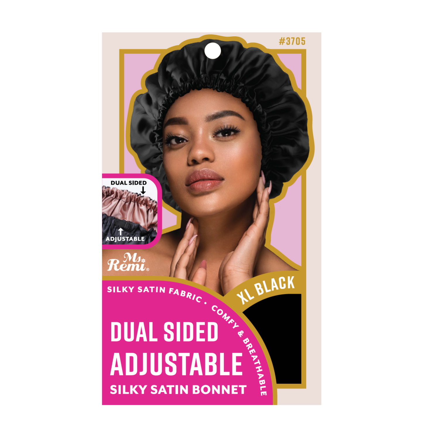 Ms. Remi Adjustable Dual-Sided Silky Satin Bonnet X-Large in black worn by woman, showing adjustable strap and silky fabric.