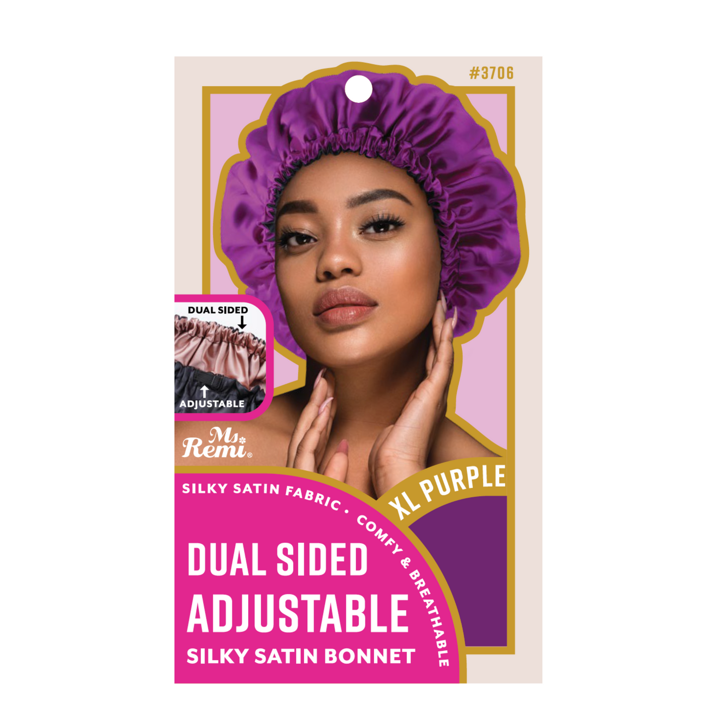 Ms. Remi Adjustable Dual-Sided Silky Satin Bonnet X-Large in purple with adjustable strap for secure fit.
