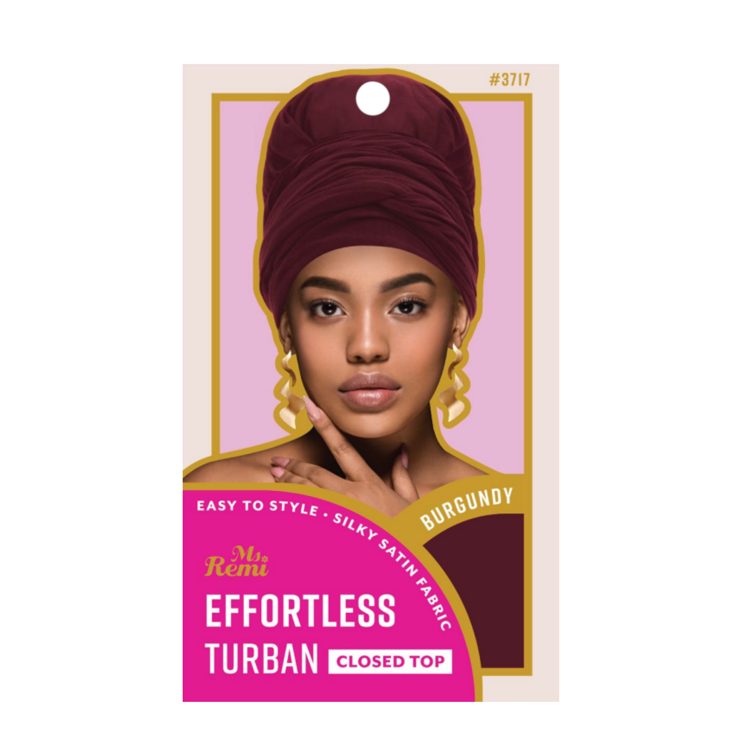 Packaging for Ms. Remi Effortless Turban Scarf in burgundy with model wearing the closed-top style on pink background