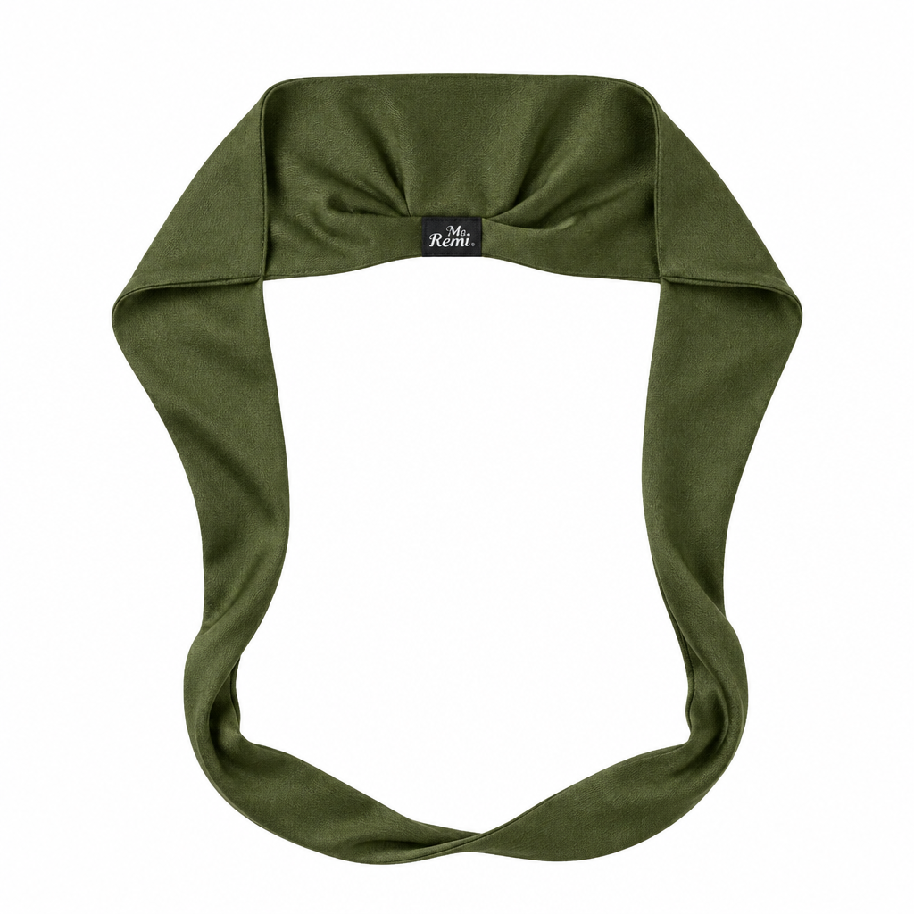 Olive green Ms. Remi Effortless Turban Scarf with open top and gathered center on white background
