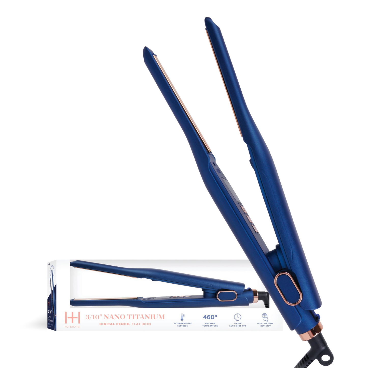 Hot & Hotter Nano Titanium Digital Pencil Flat Iron 3/10" blue hair straightener with 10 heat settings and dual voltage.