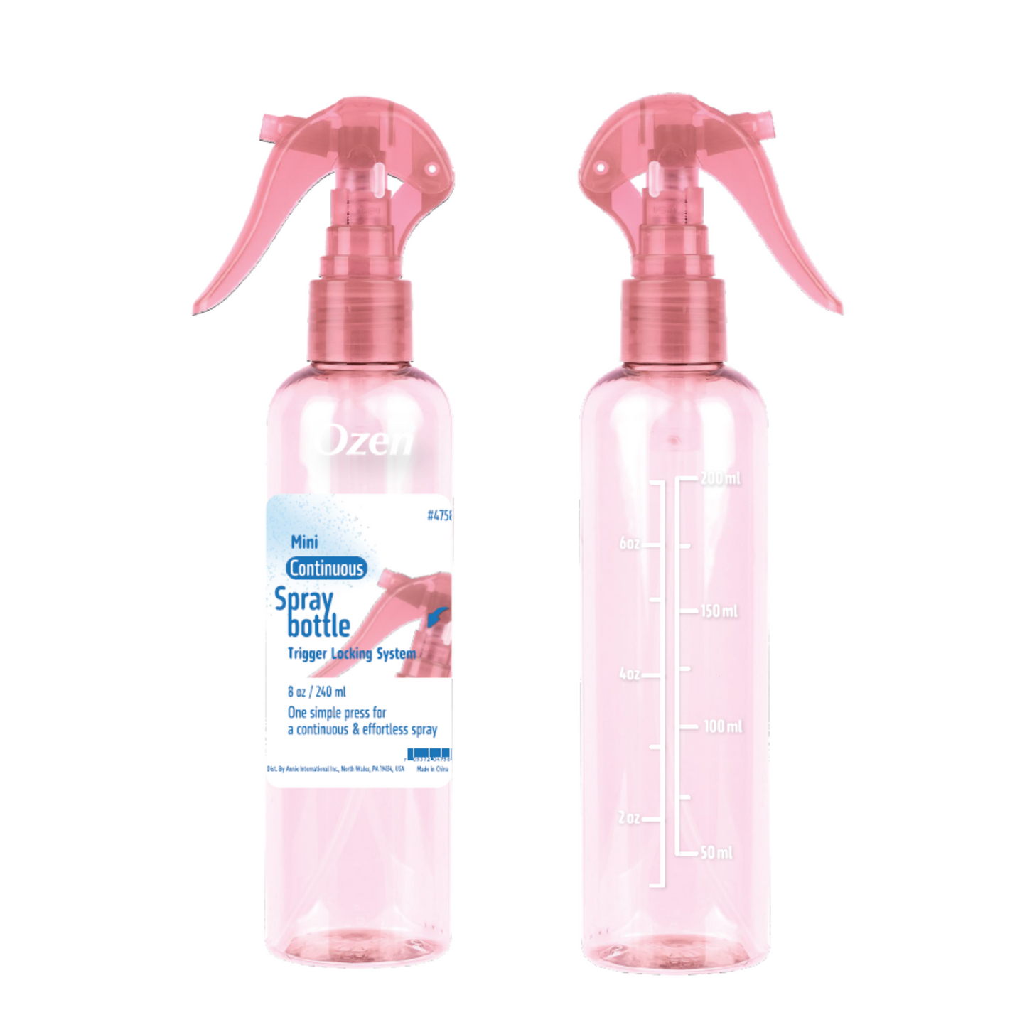 Ozen Mini Continuous Spray Bottle 8oz with pink transparent body and trigger locking system, marked measurements visible
