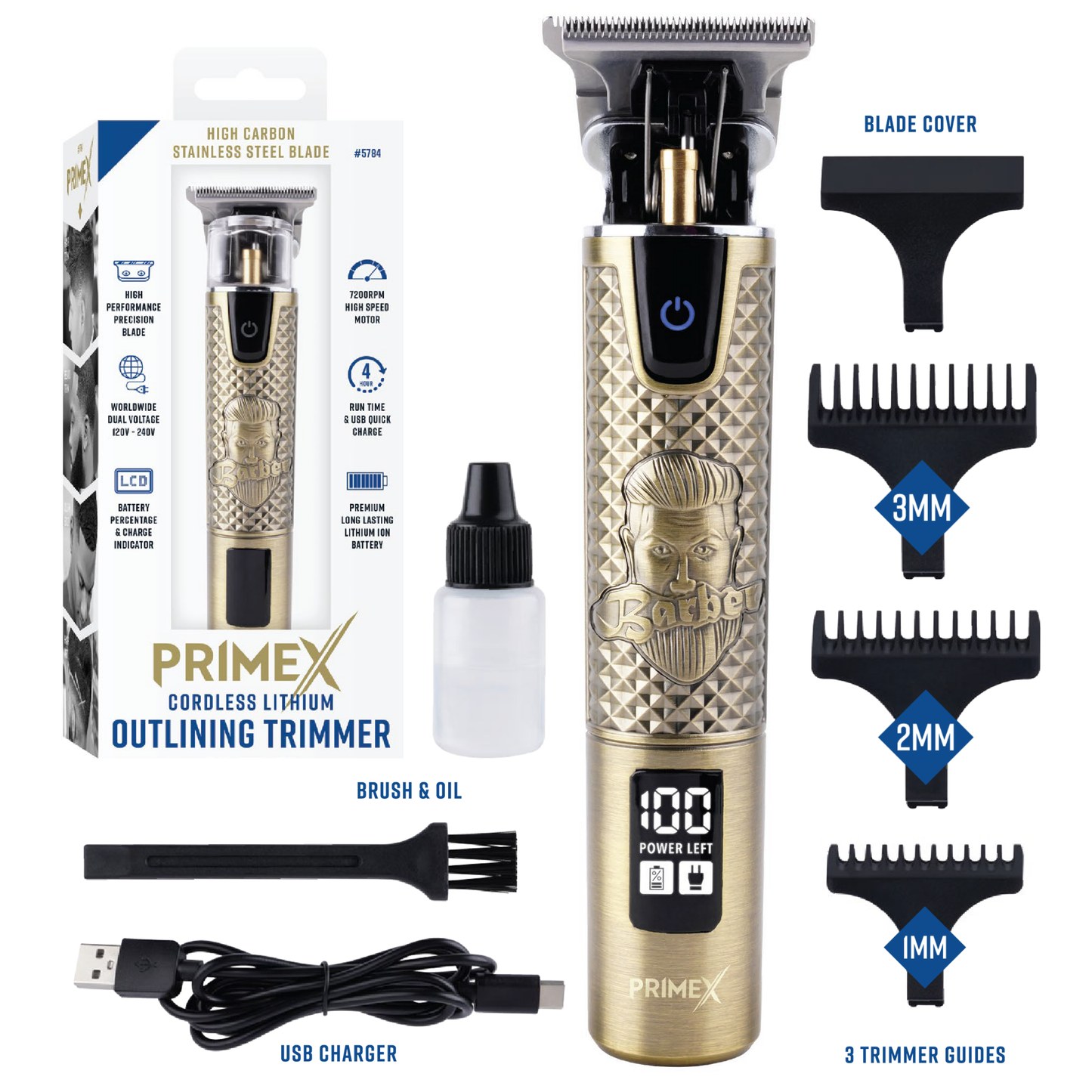 PrimeX Cordless Lithium Outlining Barber Trimmer Brass with high carbon blade, USB charge, 4hr runtime, and trimmer guides.
