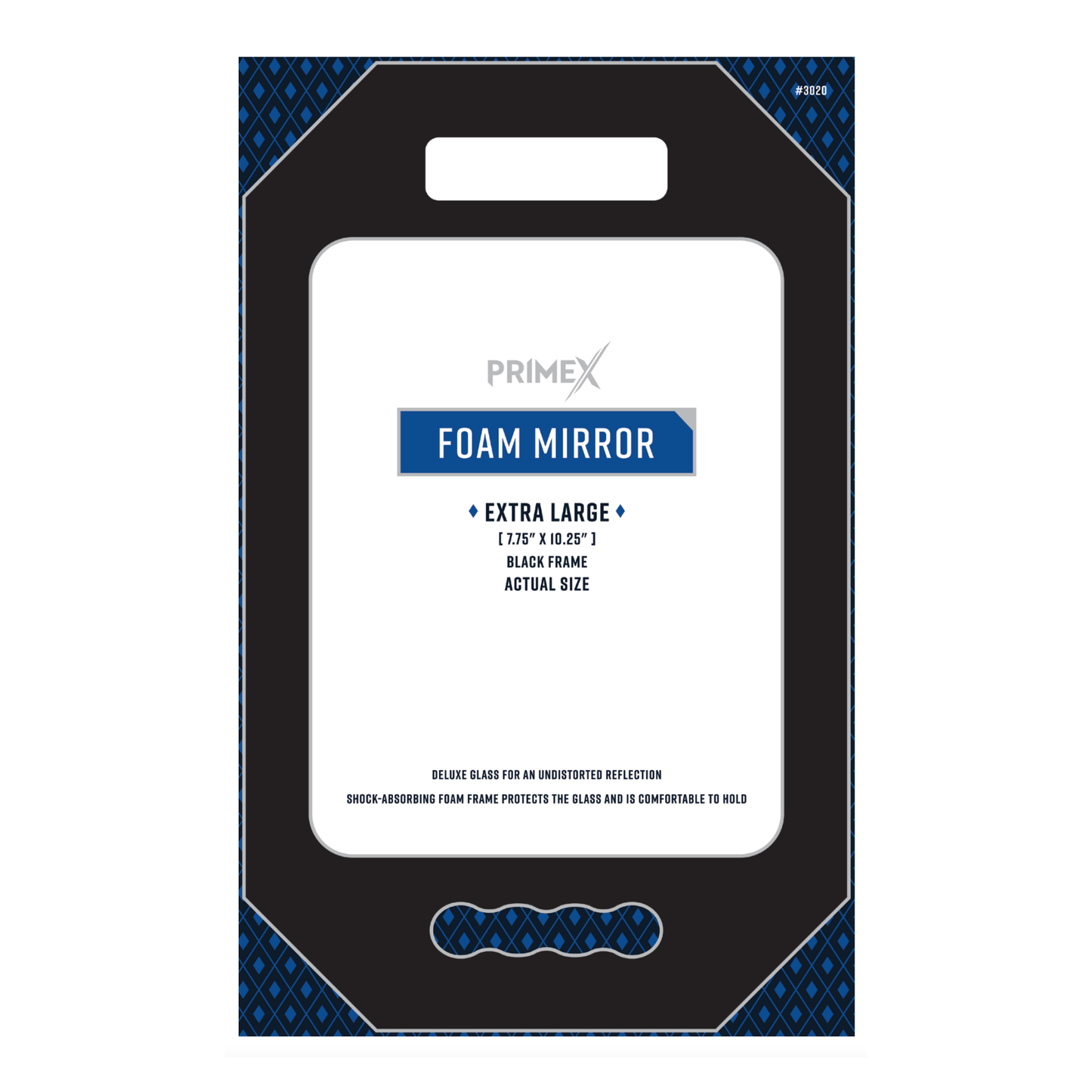 PrimeX Foam Mirror X-Large Rectangle, black frame with ergonomic grip and shock-absorbing foam, 10.75 x 7.75 inches.