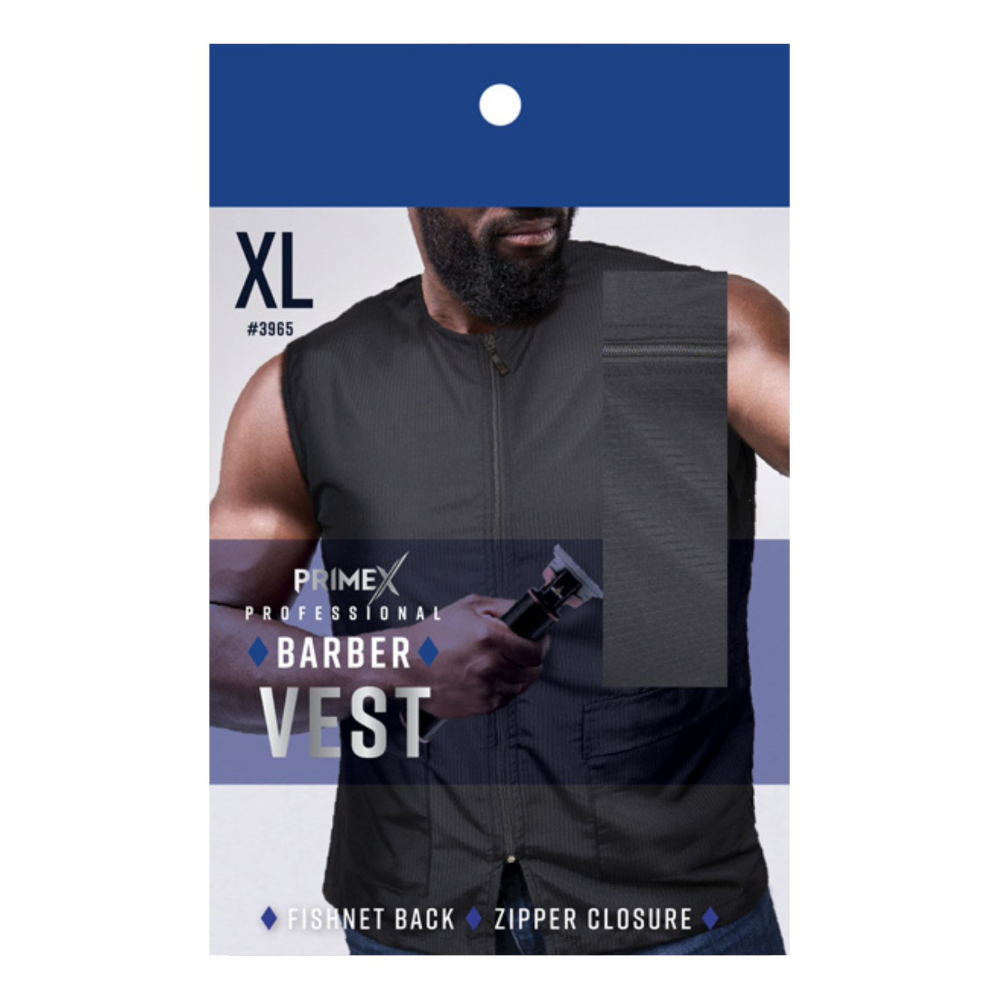 PrimeX Barber Vest XL black with hair-repellant fabric, breathable design, zipper closure, and multi-tool pockets.