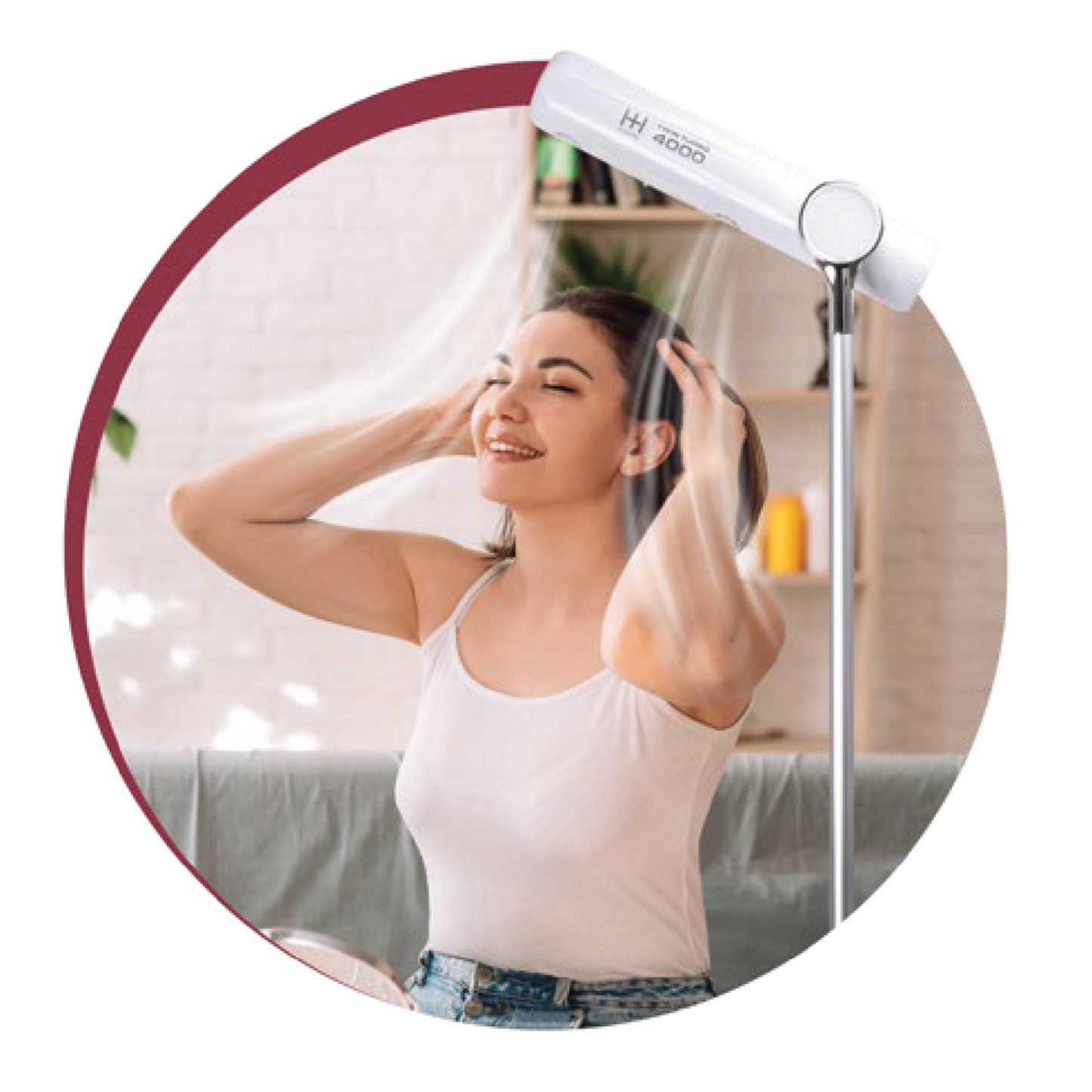 Hot & Hotter Twin Turbo 4000 Adjustable Handsfree Stand Dryer in white used by woman drying hair hands-free