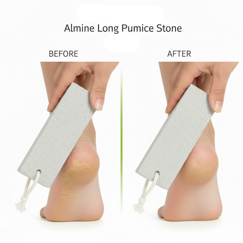 Comparison of a foot before and after using a long pumice stone to remove dry, rough skin, demonstrating smoother heel results with Annie International professional beauty tools.