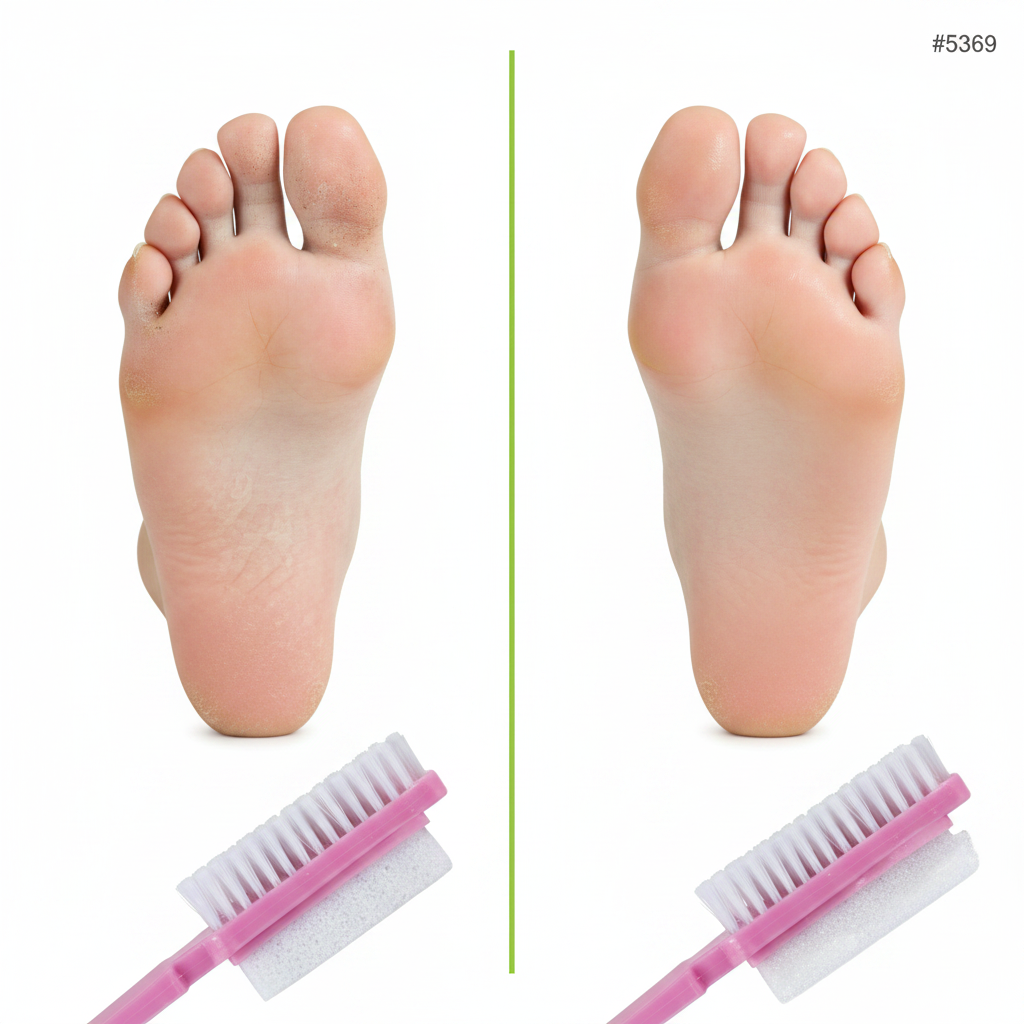 Comparison of feet before and after using a pumice stone with brush, highlighting smoother skin and removal of rough patches on the foot sole.