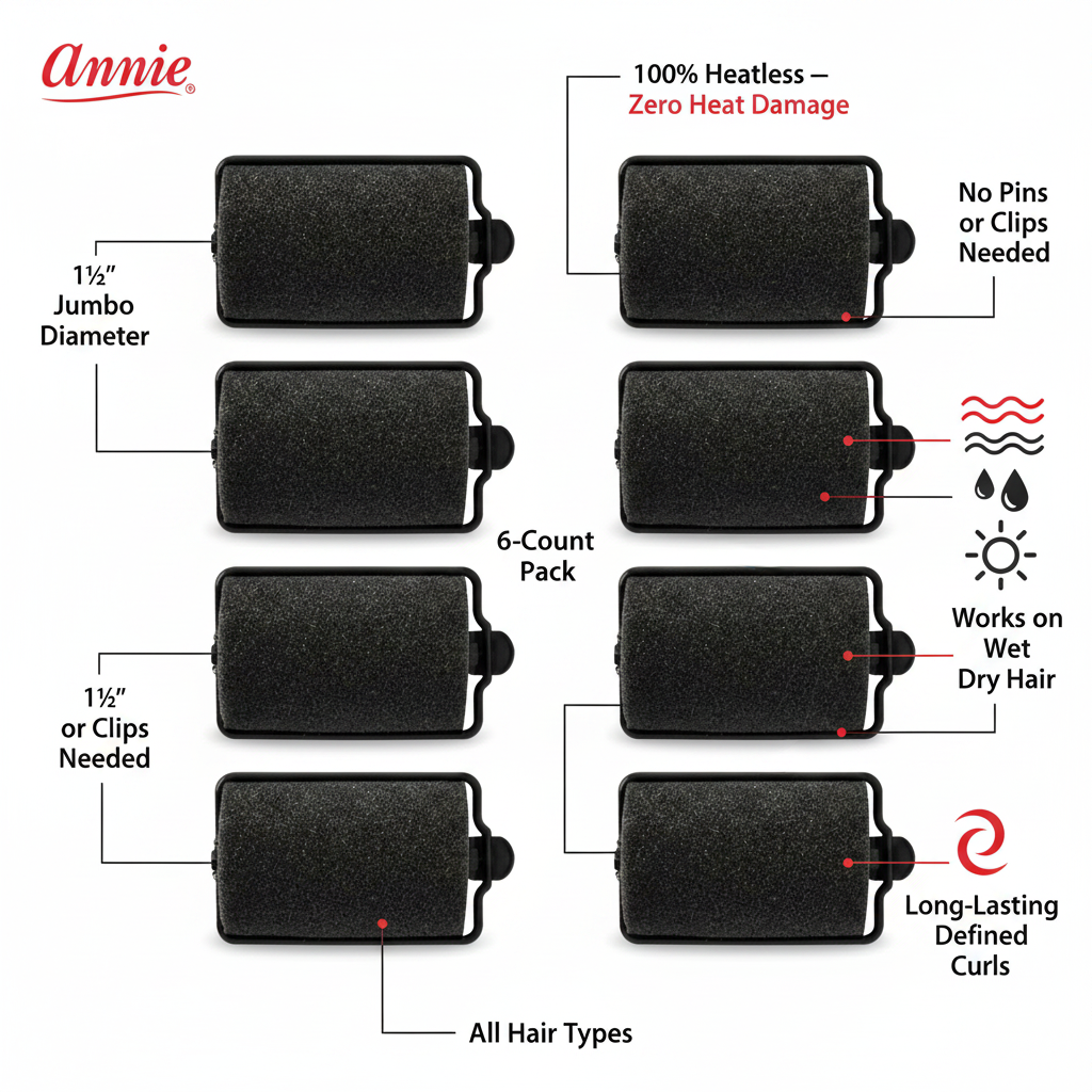 Annie Foam Hair Rollers 1 1/2 Inch Jumbo, 6 Count, Black