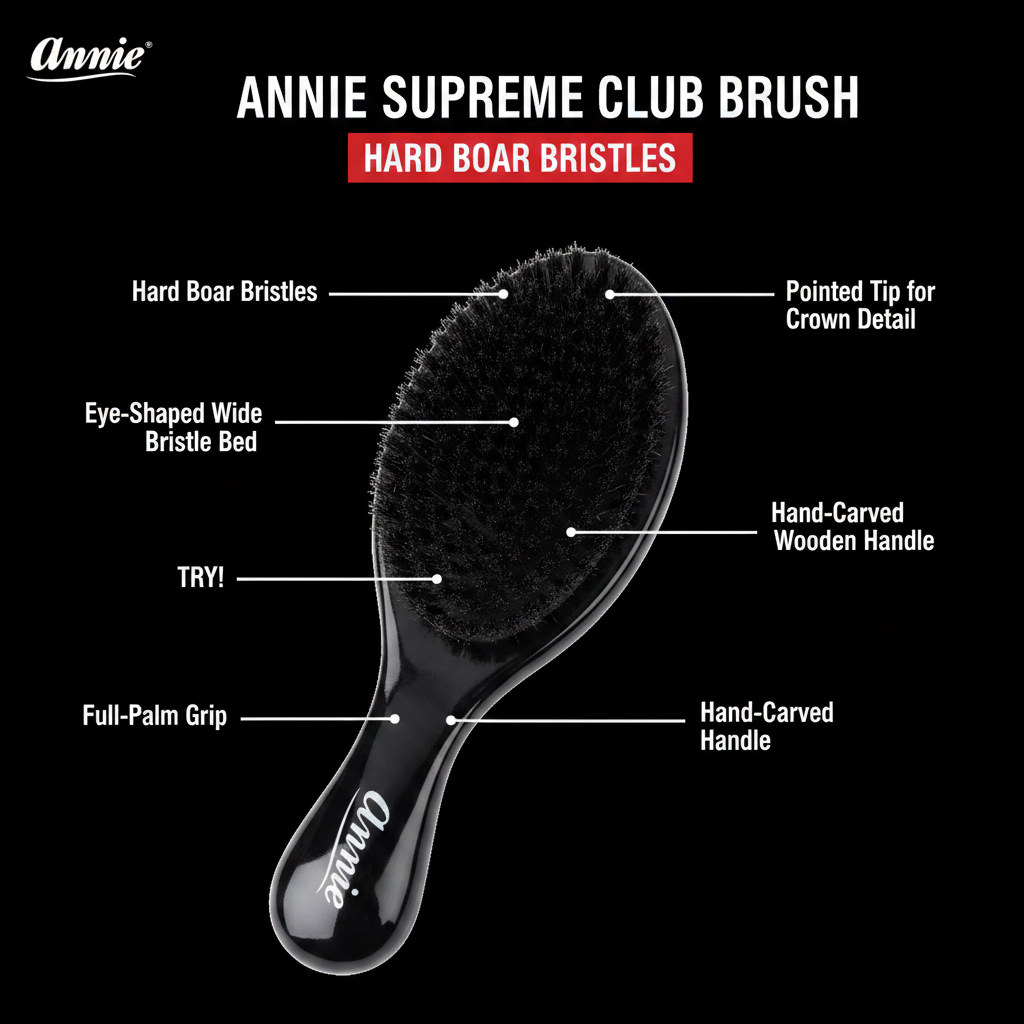 Annie Supreme Club Cepillo, Cerdas Duras de Jabalí, 1 Unidad, Negro