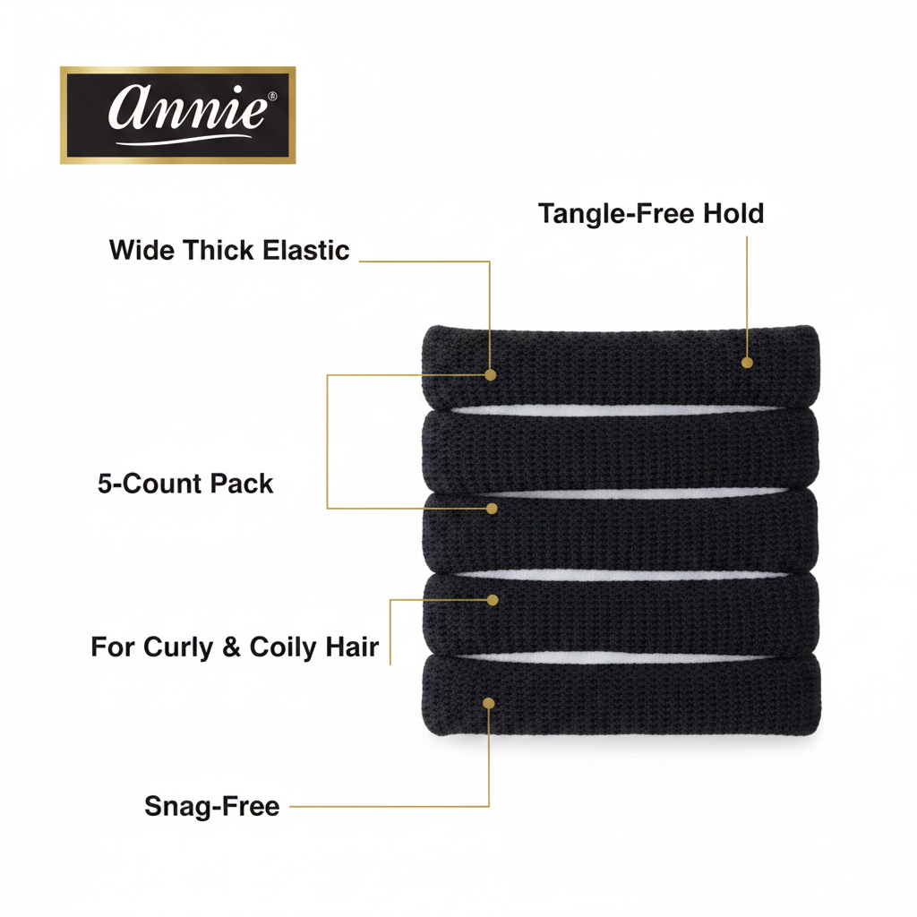 Annie Thick Hair Ponytailers, 5 Count, Black featuring wide elastic bands designed for tangle-free, snag-free hold on curly and coily hair, ideal for secure styling.