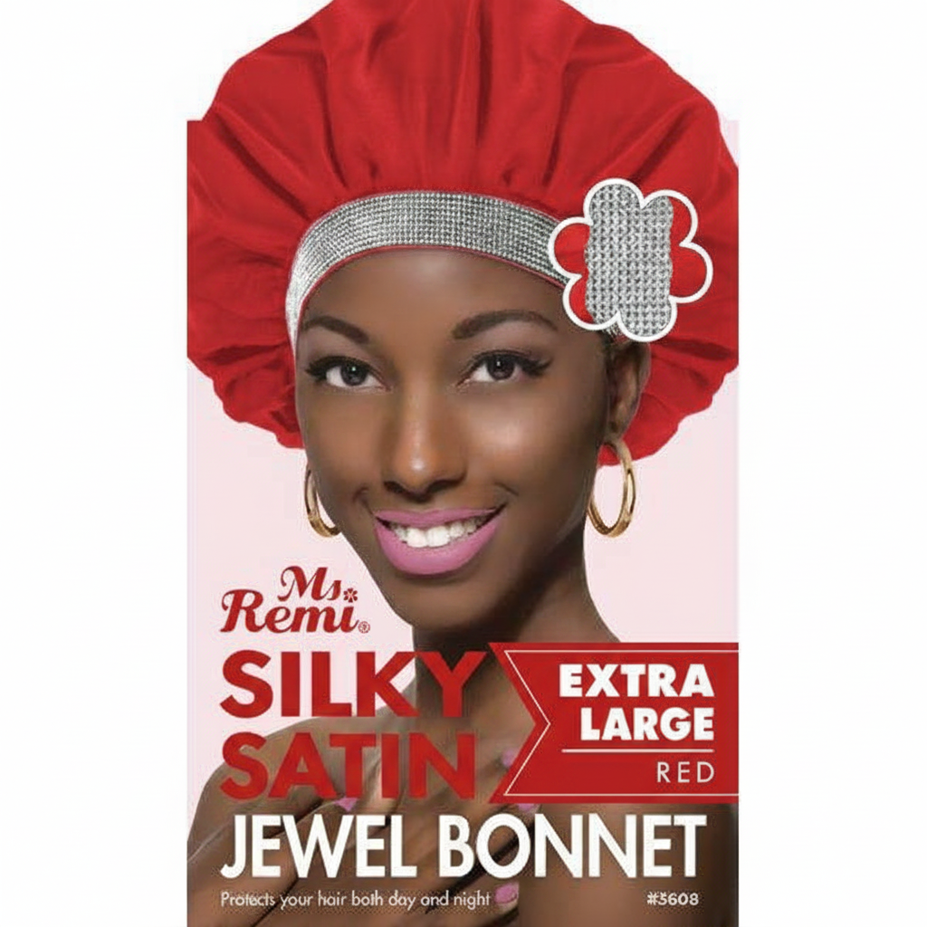 Smiling woman wearing an extra-large red silky satin bonnet accented with a sparkling rhinestone jewel band, designed to protect and maintain textured hair day and night.
