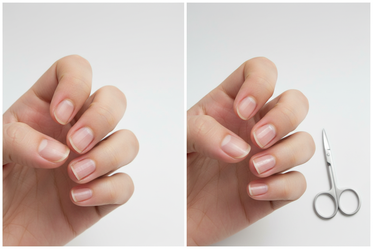 Side-by-side image showing a hand with natural nails before and after trimming, next to a pair of small curved silver nail scissors ideal for detailed nail care.