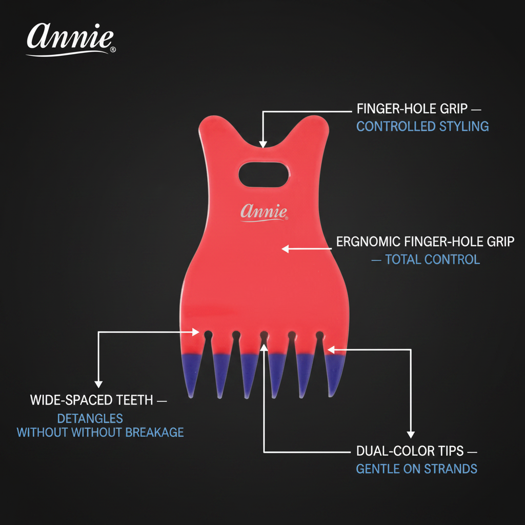 Red claw comb with ergonomic finger-hole grip for precise handling, featuring wide-spaced dual-color teeth designed to gently detangle textured and natural hair without breakage.