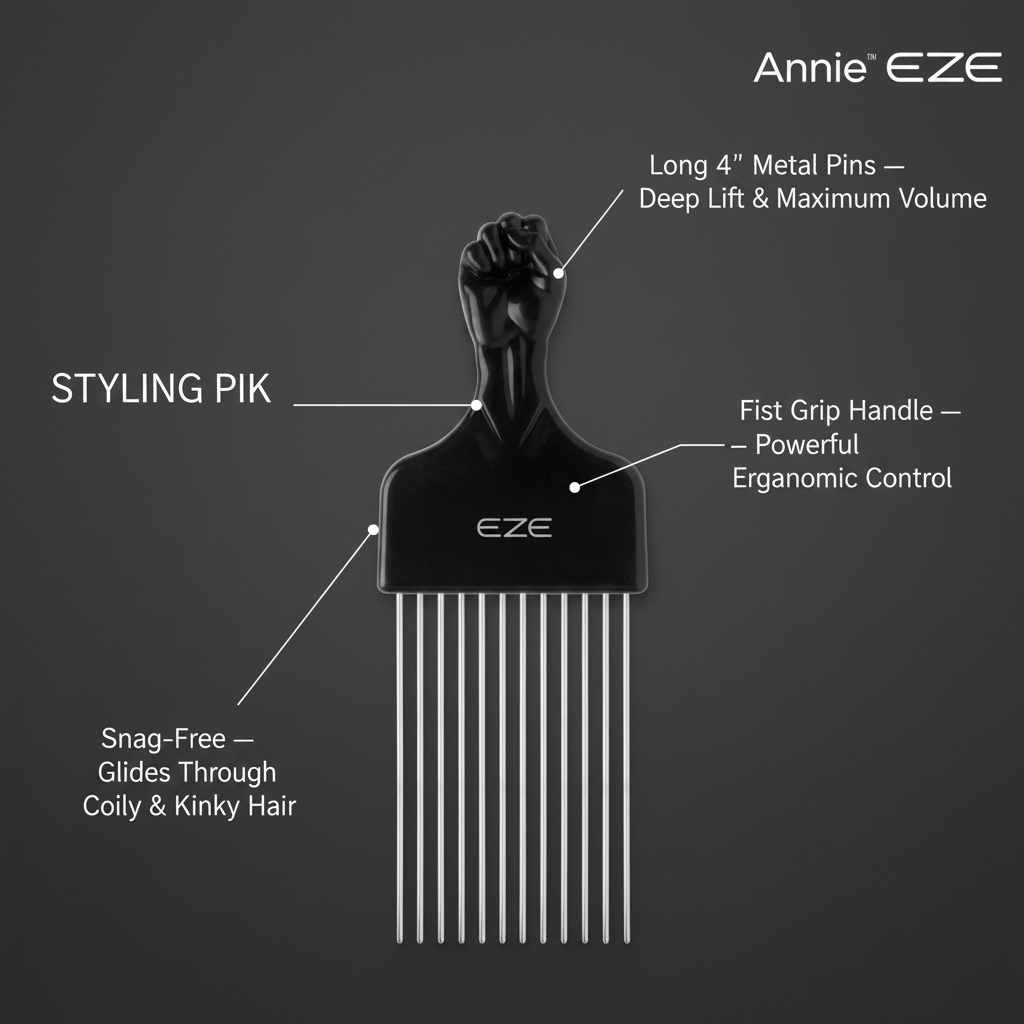 EZE Urban Series Fist Styling Pik Long 4 Inch, 1 Count, Black with ergonomic fist-shaped handle, long metal pins for deep lift and volume, designed to glide smoothly through coily and kinky hair without snagging.