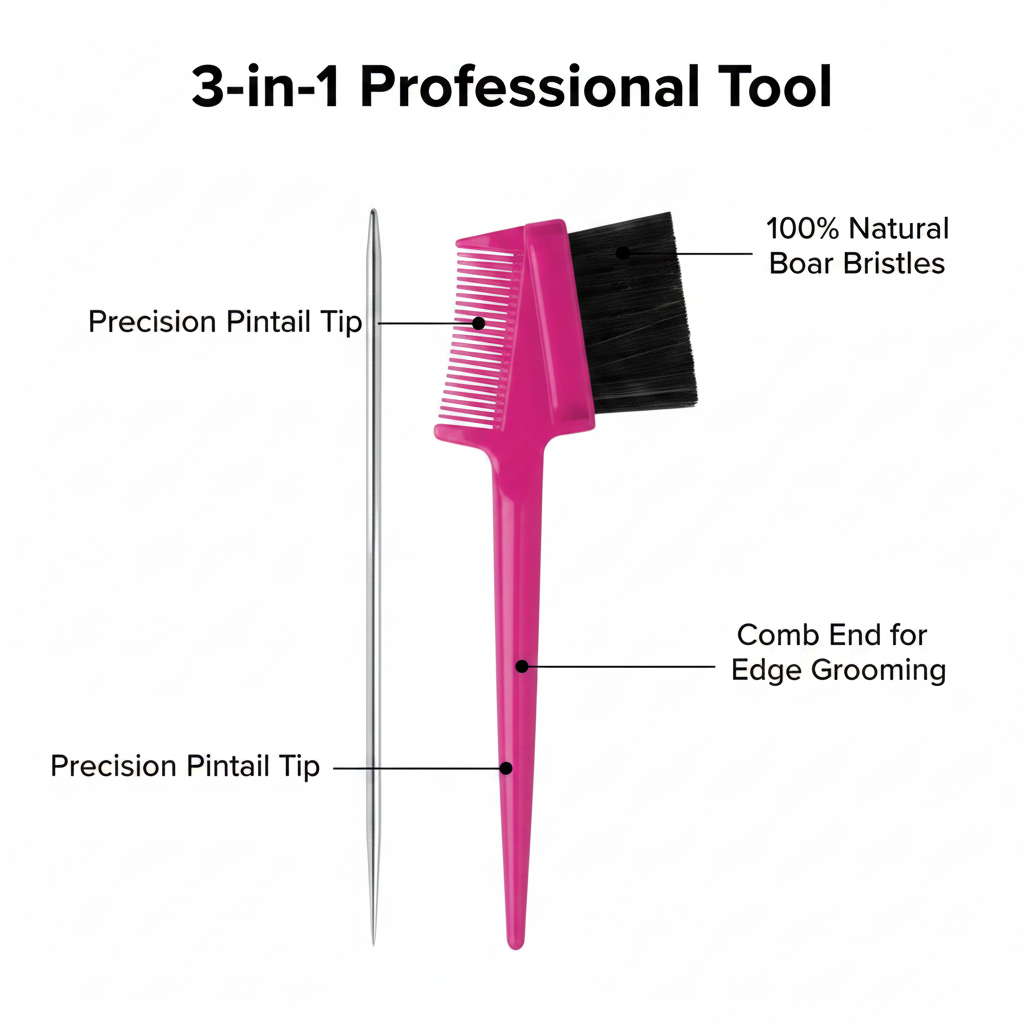 Joy 3 in 1 Pintail Edge Brush & Comb Jar, 24 Count, Assorted Colors showing a pink dual-sided edge grooming tool with natural boar bristles, comb end, and precision pintail tips for professional styling.