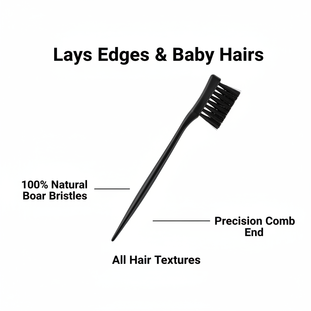 Black dual-ended edge styling tool with natural boar bristle brush on one side and pointed precision comb on the other, designed for smoothing edges on all hair textures.