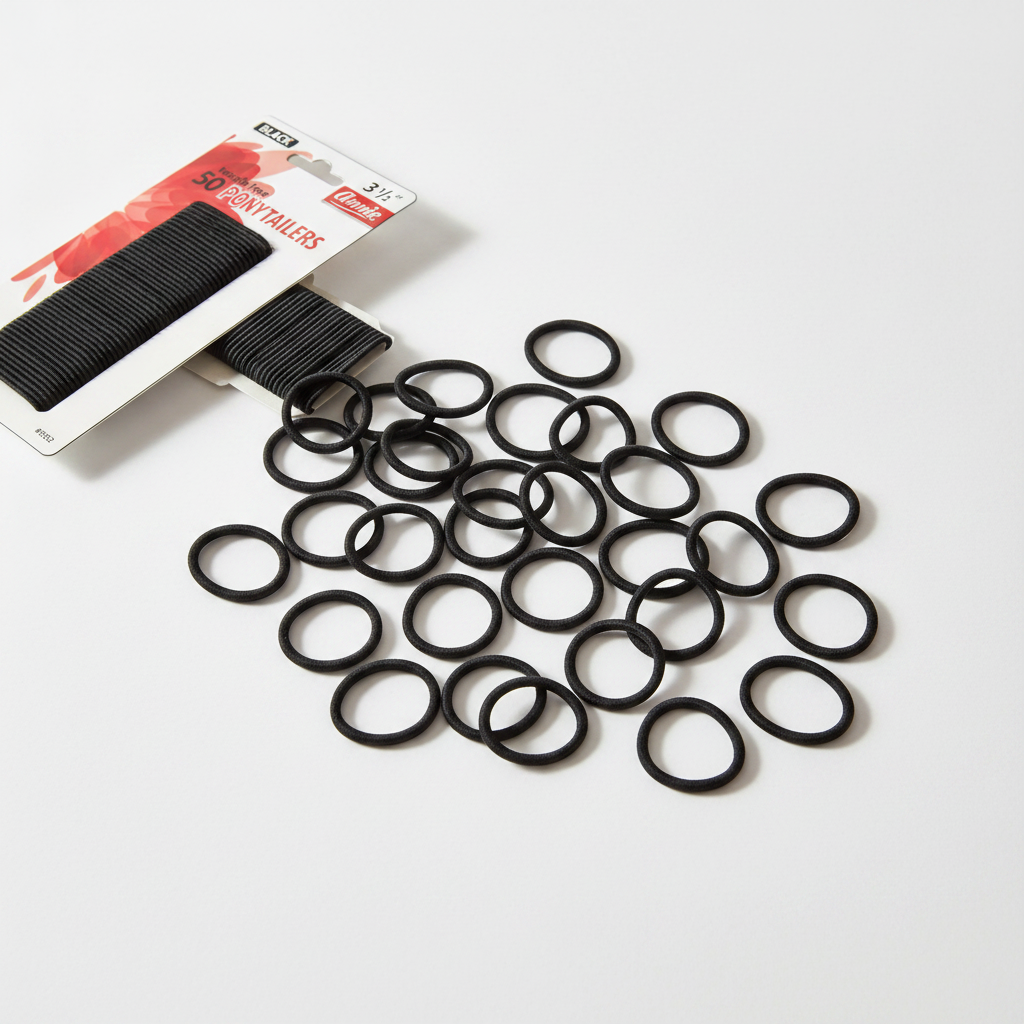 An arrangement of black hair elastics spilling from packaging of Annie Tangle Free Ponytailers Thin 3 1/2 Inch, 50 Count, Black, designed for gentle, secure hair styling.