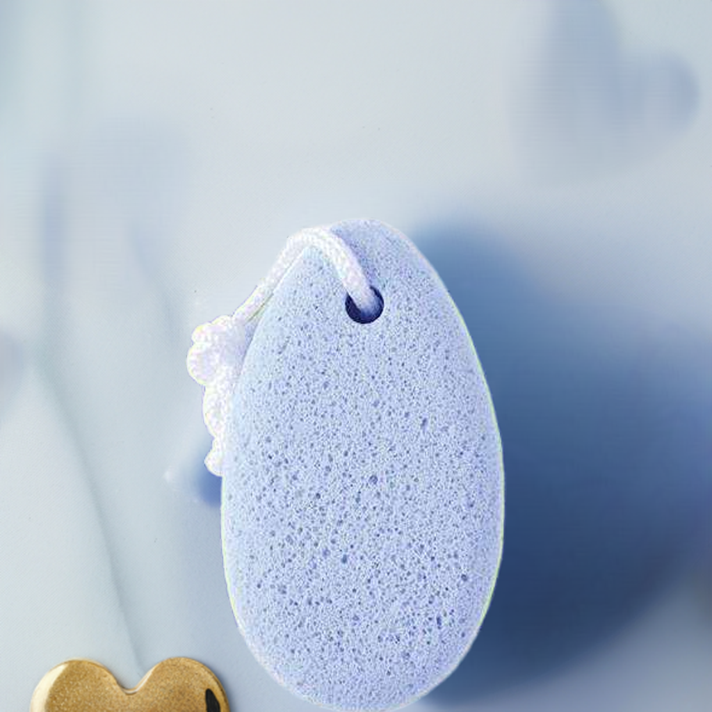 Almine Pumice Stone Egg Shape White for softening skin, removing corns, callouses, washable, with storage loop.