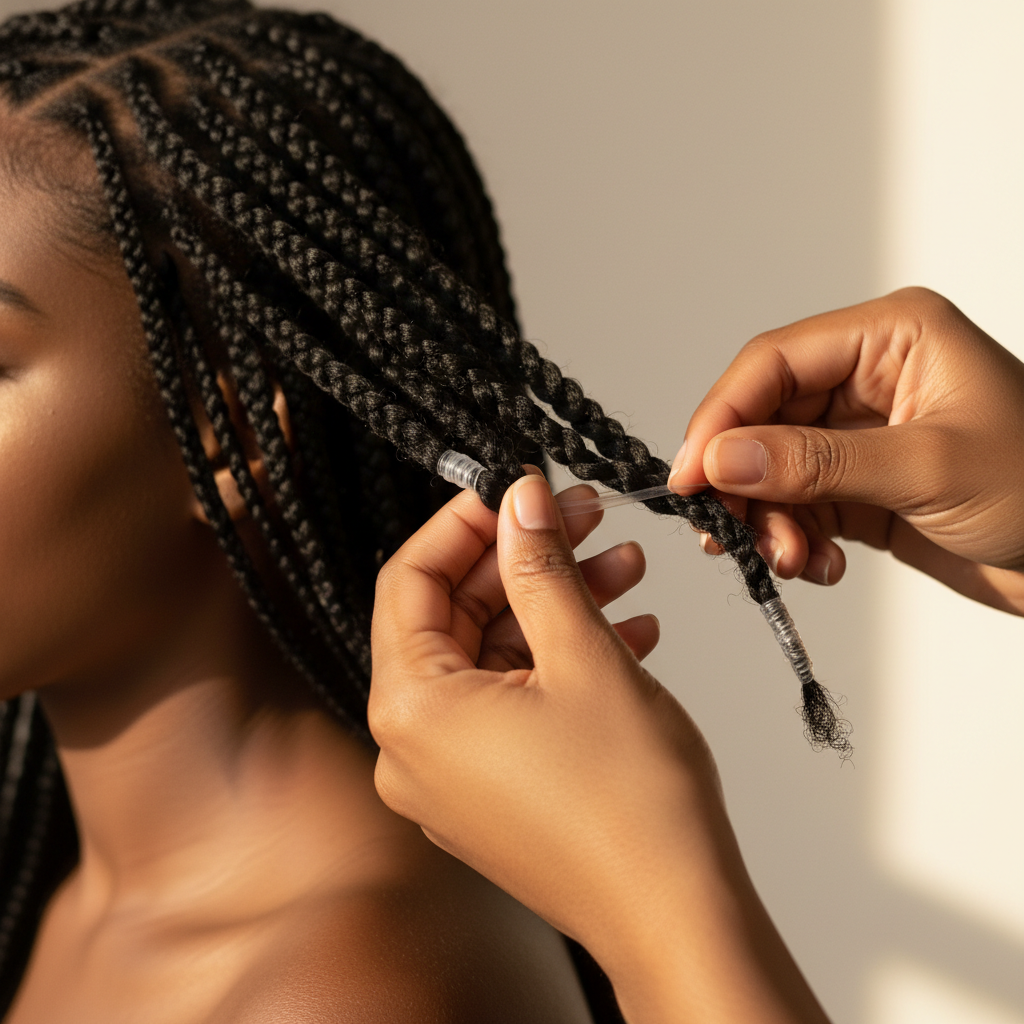 Joy Elastic Hair Polybands 2.5cm Diameter, 100 Count, Transparent shown securing the ends of neatly braided natural hair, demonstrating firm, clear hold ideal for professional styling.