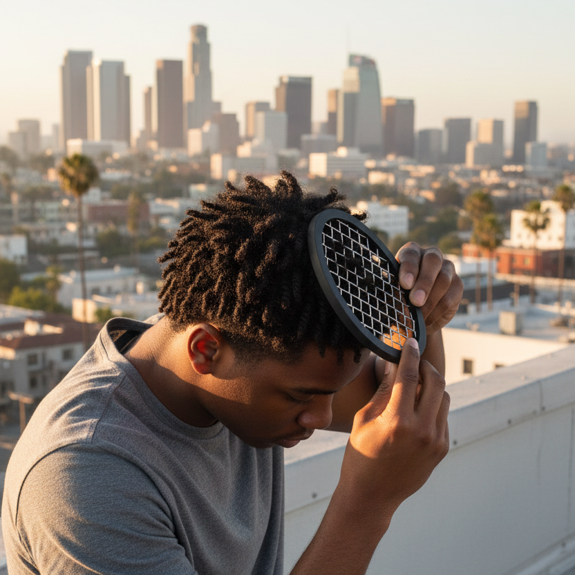 Young man with textured hair using a black styling comb designed for coils and twists, with a city skyline in the background during golden hour.