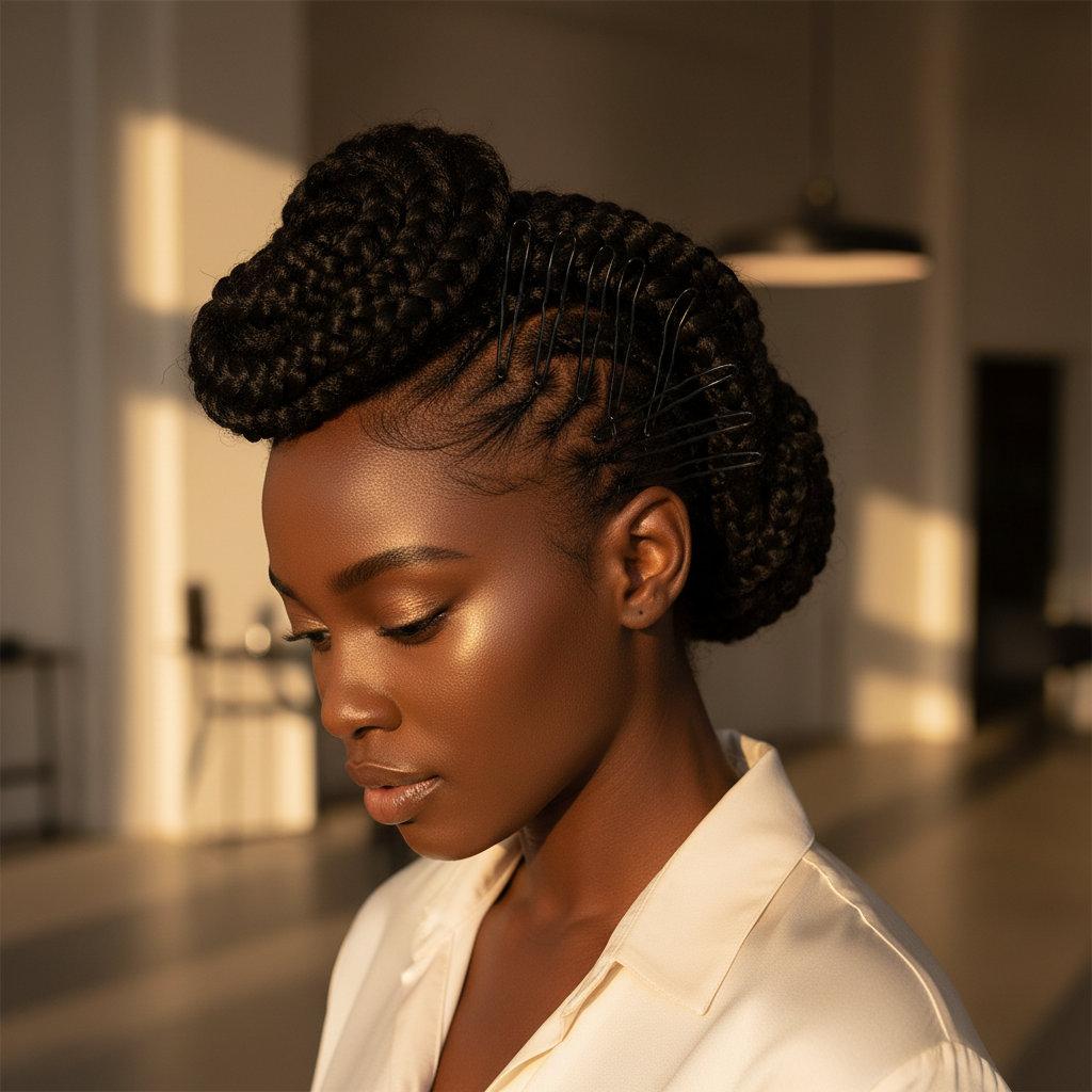A woman with intricately braided natural hair styled in an elegant updo secured with multiple Annie Bob Pins Crimped 2 Inch, 300 Count, Black for a polished, professional look.