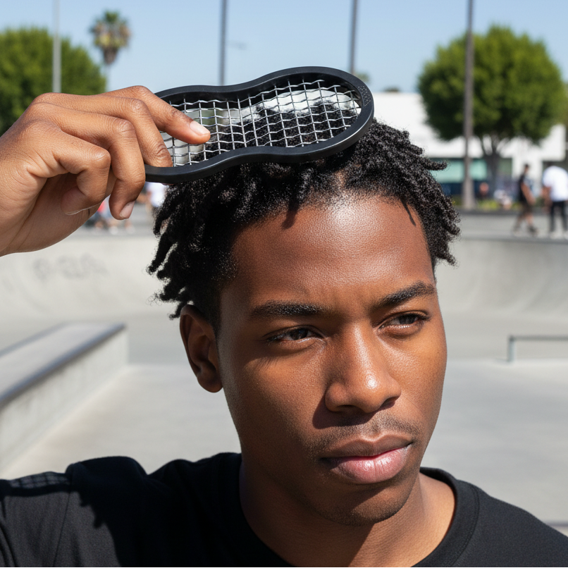Young man with textured hair using a black dual-action twist tool designed for natural and multicultural hair styling outdoors at a skate park.