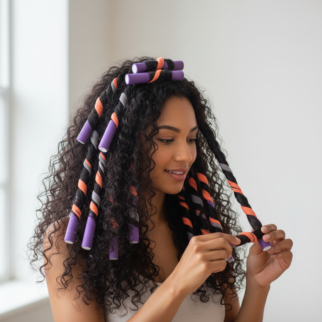 Woman with natural curly hair using purple soft twist hair rollers wrapped with black and orange bands to create heat-free, defined curls on textured hair.