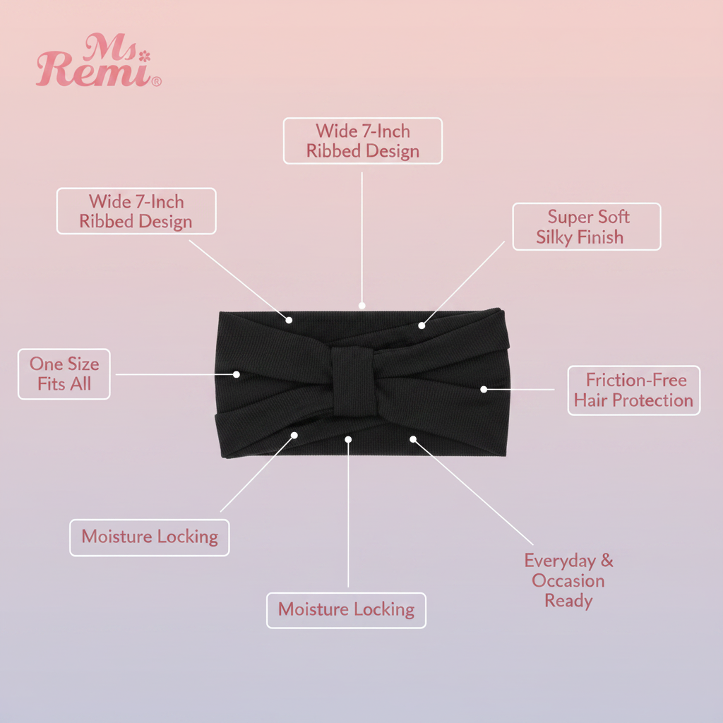 Ms. Remi Wide Silky Headwrap Scarf Ribbed, 1 Count, Black featuring a wide 7-inch ribbed design, super soft silky finish, moisture locking, friction-free protection, and one size fits all for everyday and special occasions.