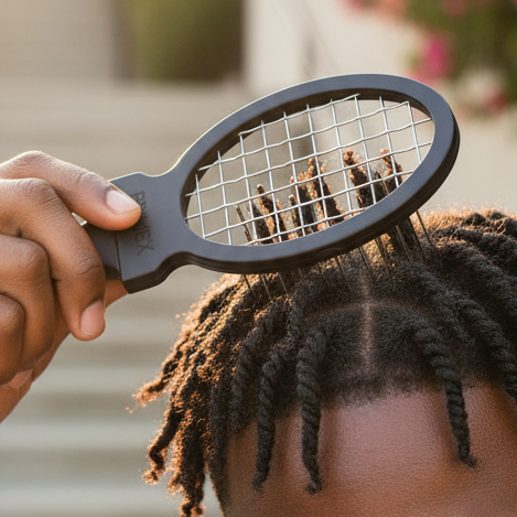 Hand holding a black twist and pick comb mini with metal teeth lifting and separating short twists on natural textured hair outdoors in natural light.