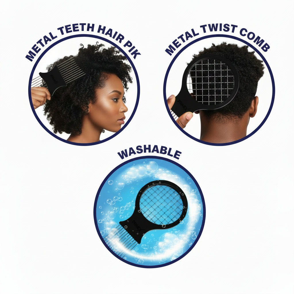 Woman using a black metal teeth twist and pik comb on textured natural hair, showing front and back views, with an illustration of the washable comb in soapy water.