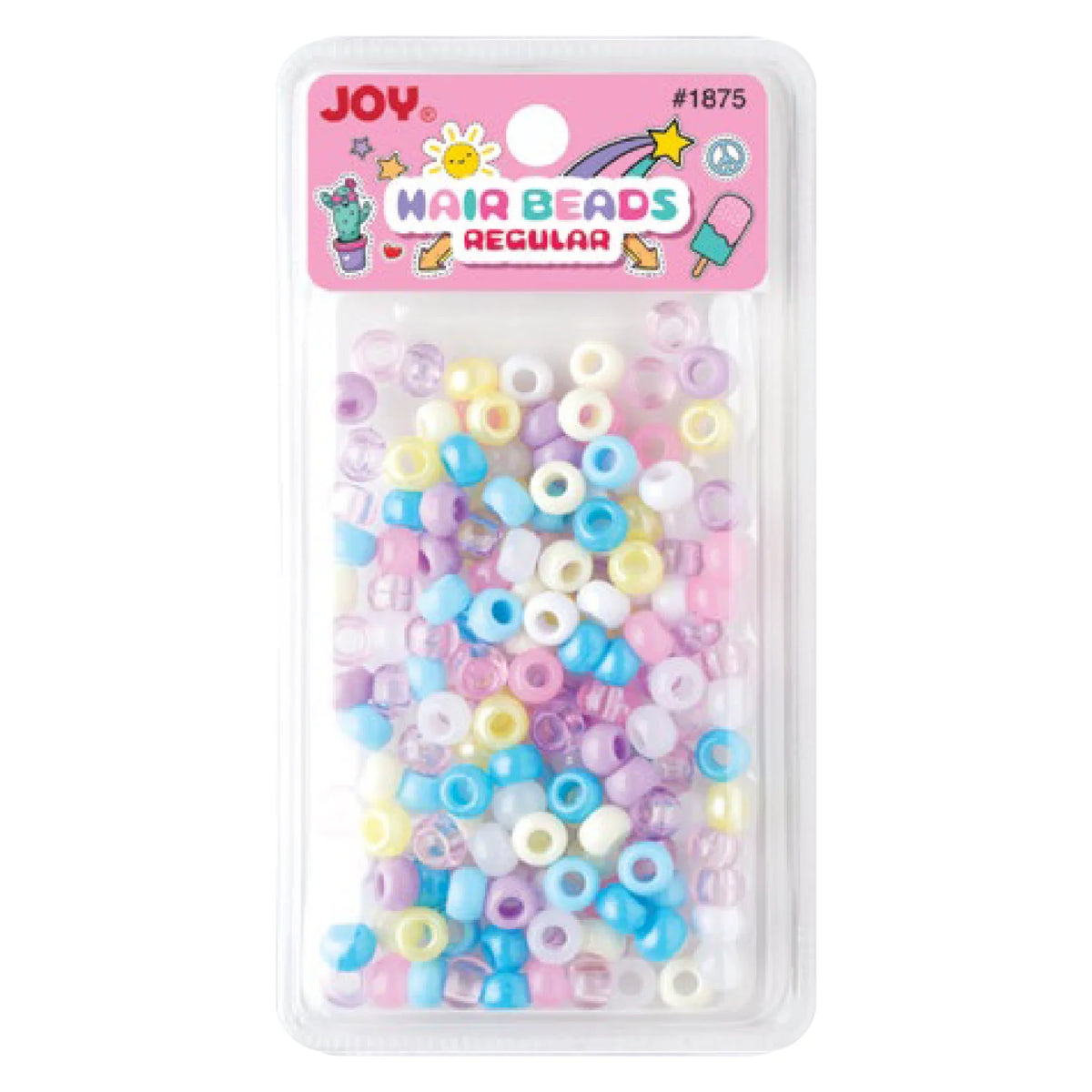 Clear plastic package containing 200 regular-size round hair beads in assorted pastel shades including blue, purple, pink, and yellow, designed for easy, snag-free styling of kids’ textured, multicultural hair.