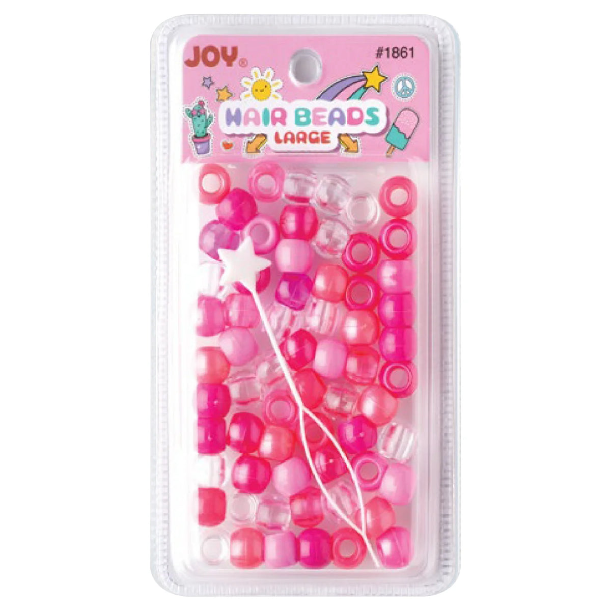 Clear clamshell package with 60 large pink and purple assorted hair beads and a white star-shaped threading tool, designed for smooth, snag-free styling of kids’ textured and multicultural hair.