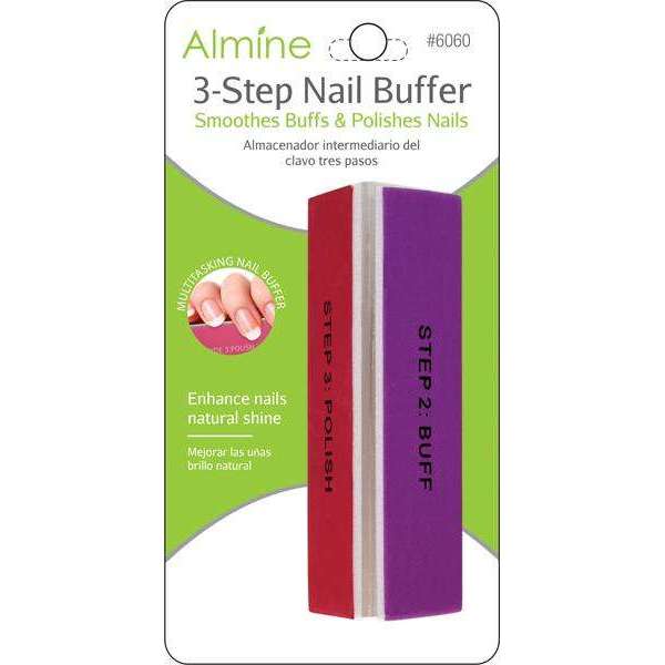 Almine 3 Step Nail Buffer with color-coded grits to smooth, buff, and polish nails for a natural shine.