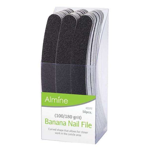 Almine Banana Buffers 7In 50Ct curved nail files with 100/180 grit for precise cuticle area work.