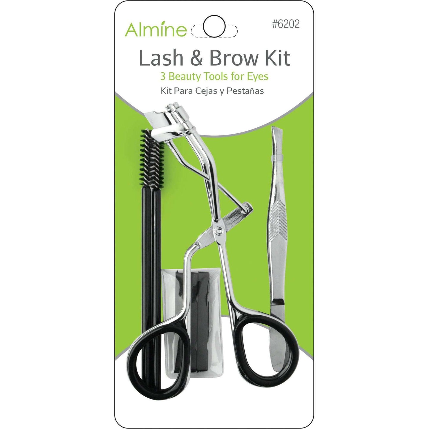 Almine Brow Grooming Kit, 5 Piece Eyebrow Set, Silver with lash curler, tweezers, replacement pads, and two brow brushes