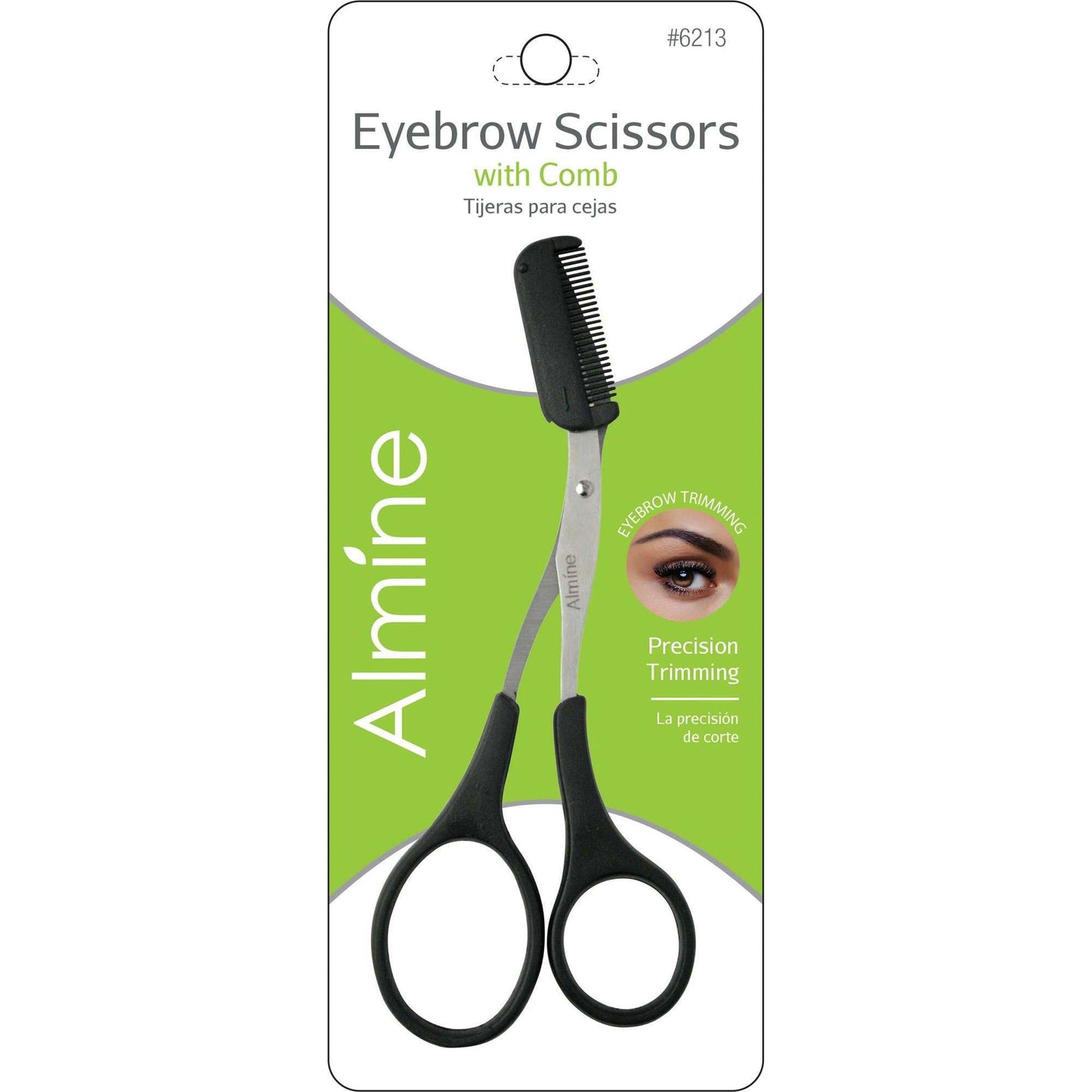 Almine Brow Scissor with Comb for precision eyebrow trimming and superior control with black handles and stainless steel blades