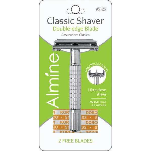 Almine Classic Shaver And Blade with 2 double-edge stainless steel blades and non-slip grip handle for close shave.