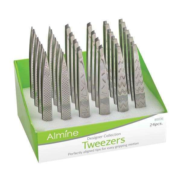 Almine Etched Mirror Polished Tweezers 24ct Asst Tip Display Set