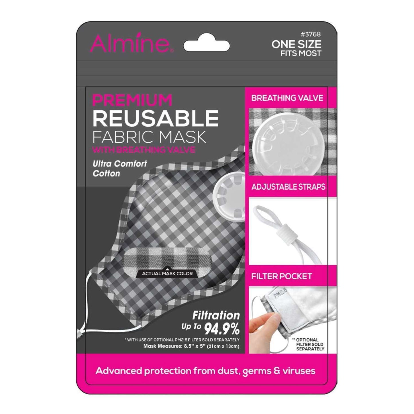 Annie International:Almine Gingham Pattern 3-Ply Fabric Mask with Air Vent, Black