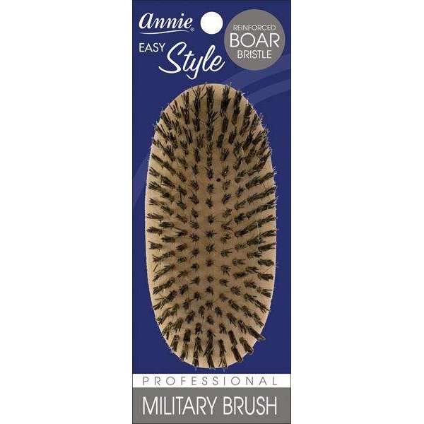 Light brown military-style hairbrush with reinforced boar and nylon bristles, designed by Annie for effective wave training and styling of textured, natural hair.