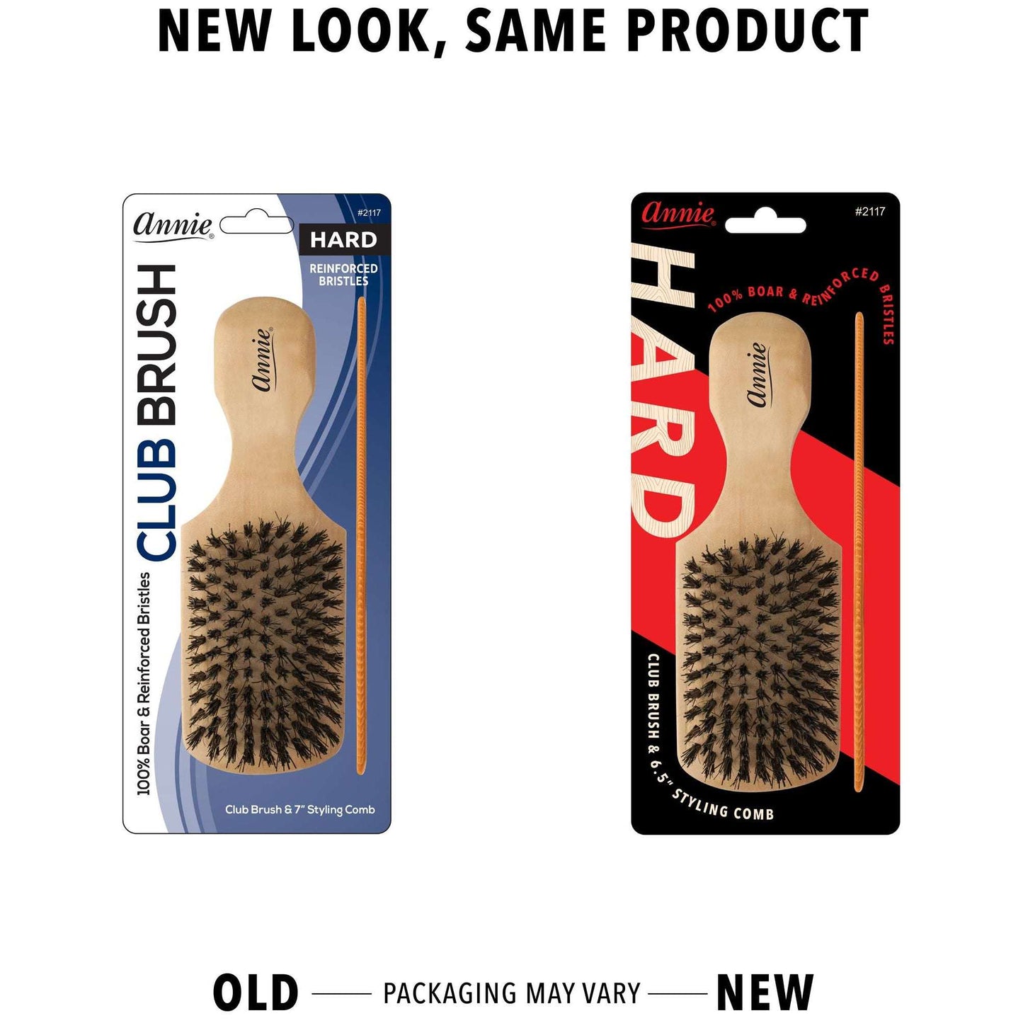 Annie International:Annie Hard Wood Club Boar Bristle Brush With Comb 7In