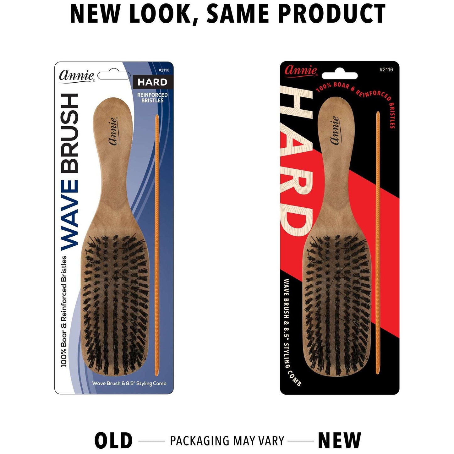 Annie International:Annie Hard Wood Wave Boar Bristle Brush With Comb 8.5In