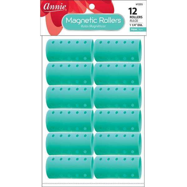 Set of twelve aqua magnetic hair rollers measuring 1 1/4 inch diameter, designed for gentle, snag-free styling and curl formation on textured and natural hair.