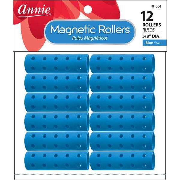 Set of twelve blue magnetic hair rollers measuring five-eighths inch diameter, designed for gentle, secure styling to create waves and curls on textured and natural hair.