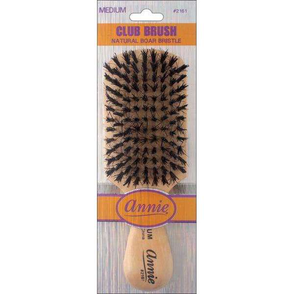 Medium-sized wooden hair brush with densely packed natural boar bristles designed for textured and multicultural hair care by Annie International.