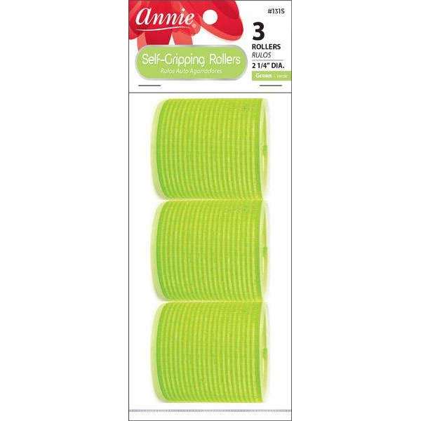 Three bright green self-gripping hair rollers measuring 2 1/4 inches in diameter, designed for gentle, snag-free styling on textured and natural hair by Annie International.