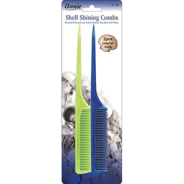 Annie International:Annie Shell Shining Combs Long Tail 2Ct Asst Color:Bright Green and Blue